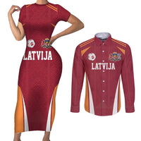 Latvia Football Custom Couples Matching Short Sleeve Bodycon Dress and Long Sleeve Button Shirt Red Latvian Pattern