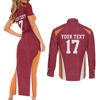 Latvia Football Custom Couples Matching Short Sleeve Bodycon Dress and Long Sleeve Button Shirt Red Latvian Pattern