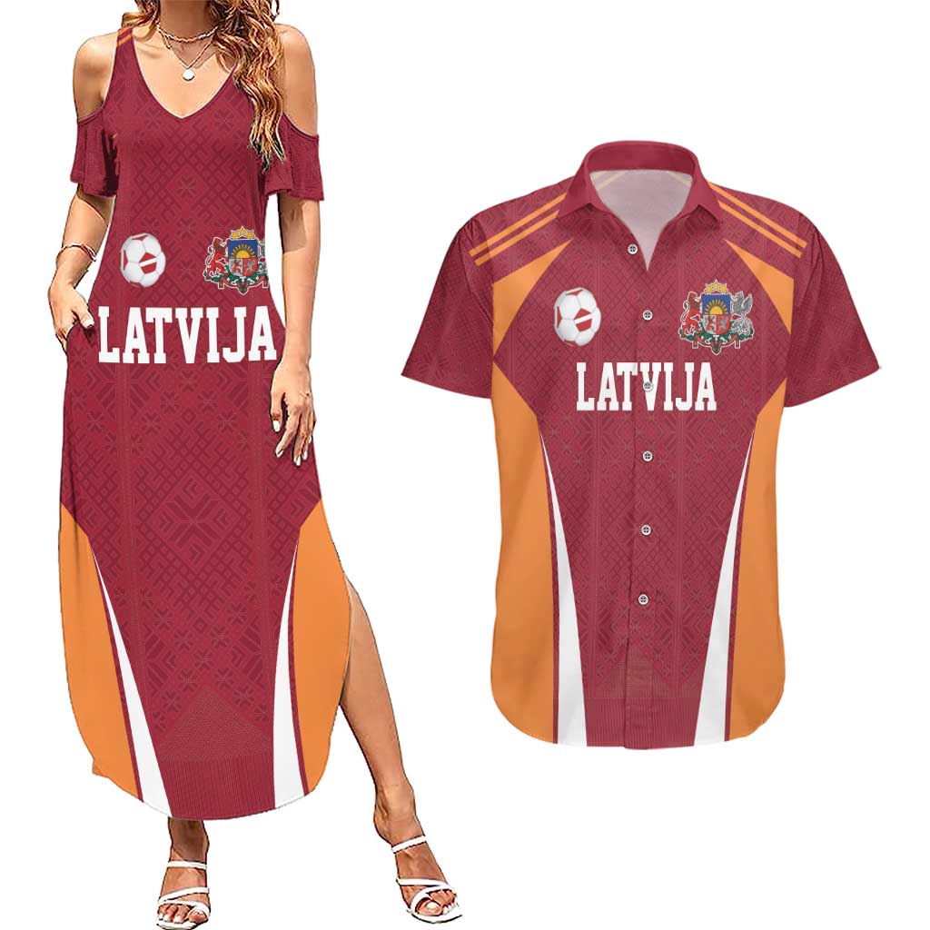Latvia Football Custom Couples Matching Summer Maxi Dress and Hawaiian Shirt Red Latvian Pattern