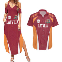 Latvia Football Custom Couples Matching Summer Maxi Dress and Hawaiian Shirt Red Latvian Pattern