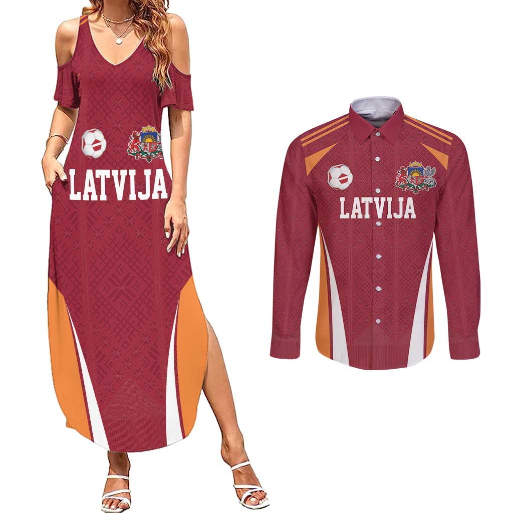 Latvia Football Custom Couples Matching Summer Maxi Dress and Long Sleeve Button Shirt Red Latvian Pattern