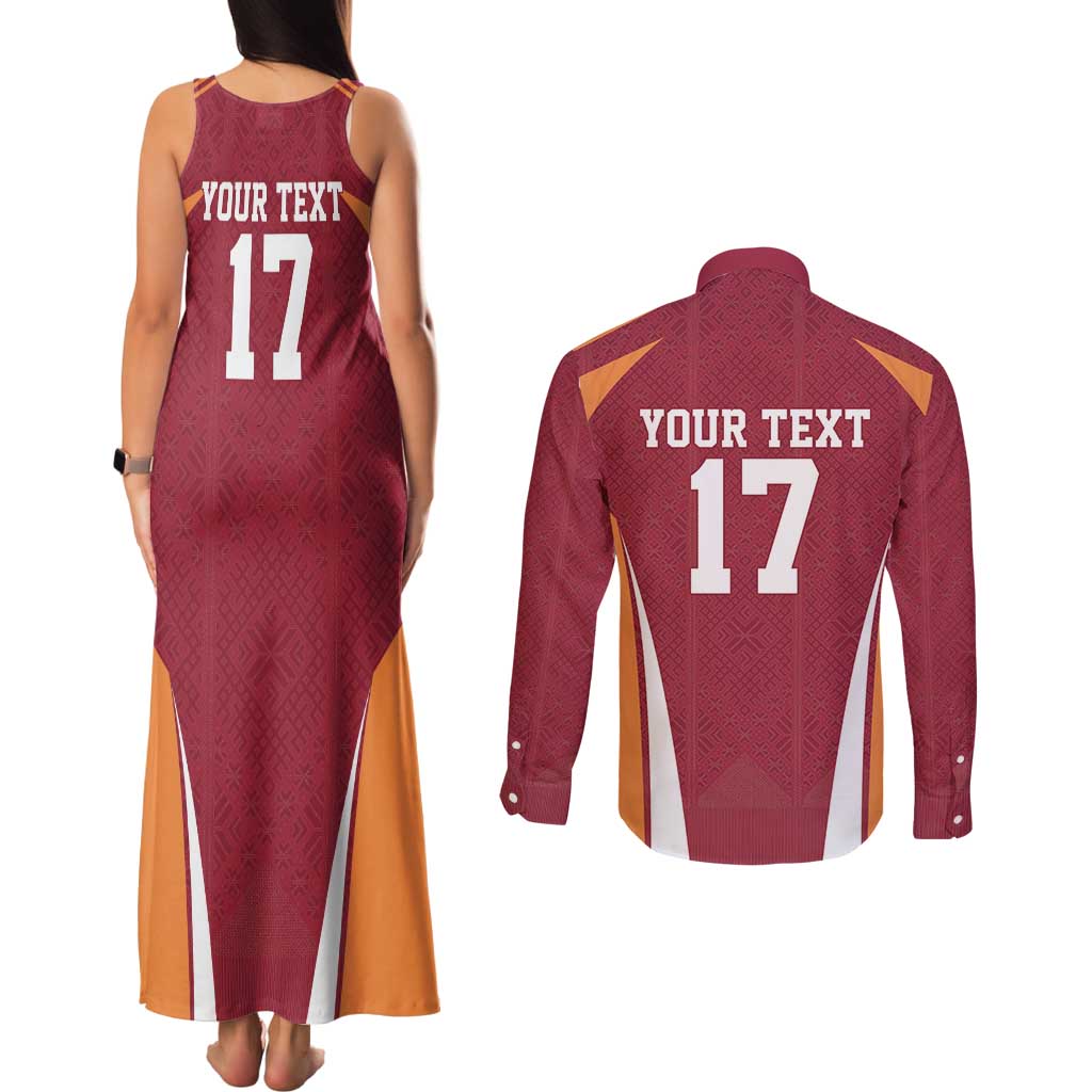 Latvia Football Custom Couples Matching Tank Maxi Dress and Long Sleeve Button Shirt Red Latvian Pattern