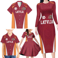 Latvia Football Custom Family Matching Long Sleeve Bodycon Dress and Hawaiian Shirt Red Latvian Pattern