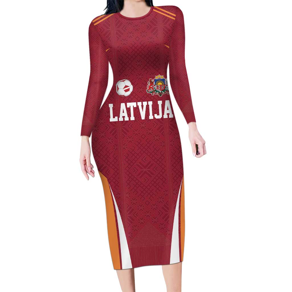 Latvia Football Custom Family Matching Long Sleeve Bodycon Dress and Hawaiian Shirt Red Latvian Pattern