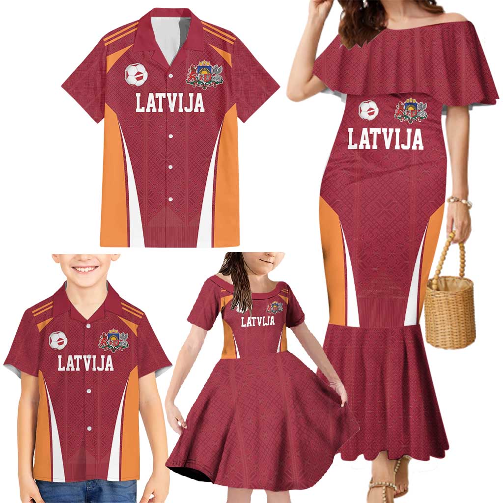 Latvia Football Custom Family Matching Mermaid Dress and Hawaiian Shirt Red Latvian Pattern