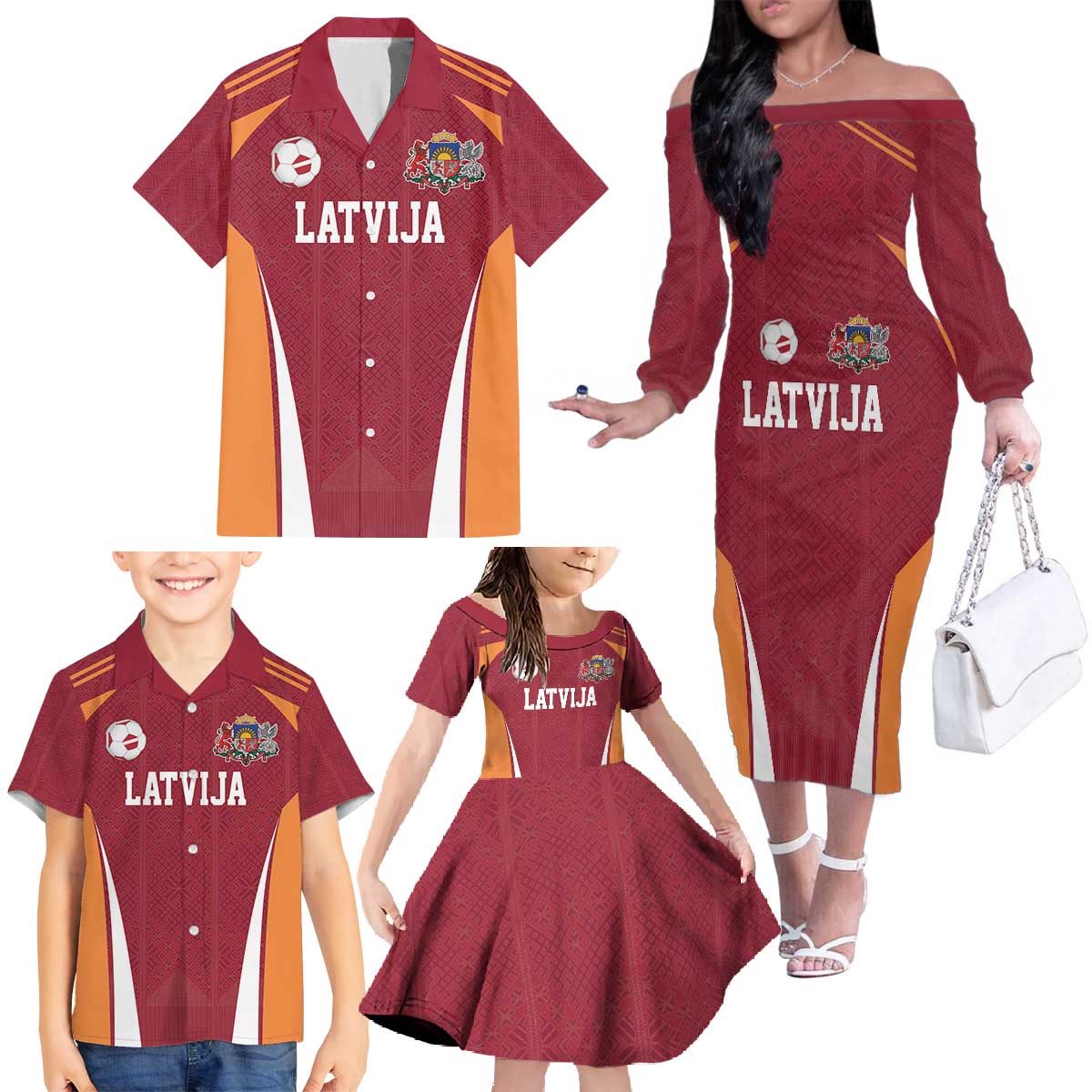 Latvia Football Custom Family Matching Off The Shoulder Long Sleeve Dress and Hawaiian Shirt Red Latvian Pattern
