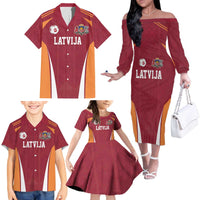 Latvia Football Custom Family Matching Off The Shoulder Long Sleeve Dress and Hawaiian Shirt Red Latvian Pattern