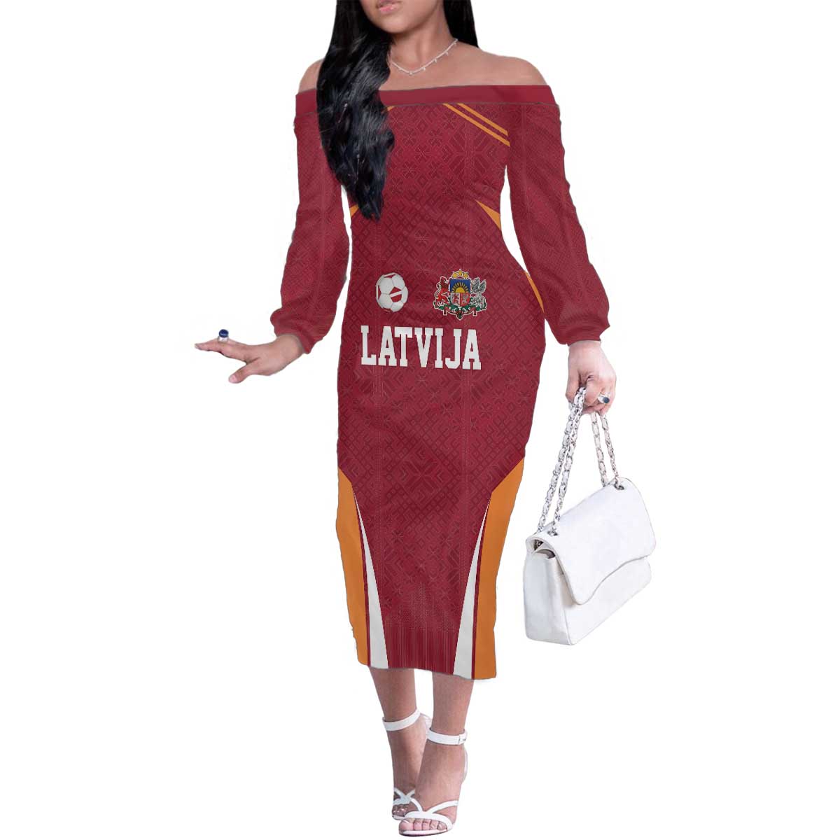 Latvia Football Custom Family Matching Off The Shoulder Long Sleeve Dress and Hawaiian Shirt Red Latvian Pattern