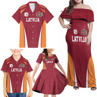 Latvia Football Custom Family Matching Off Shoulder Maxi Dress and Hawaiian Shirt Red Latvian Pattern