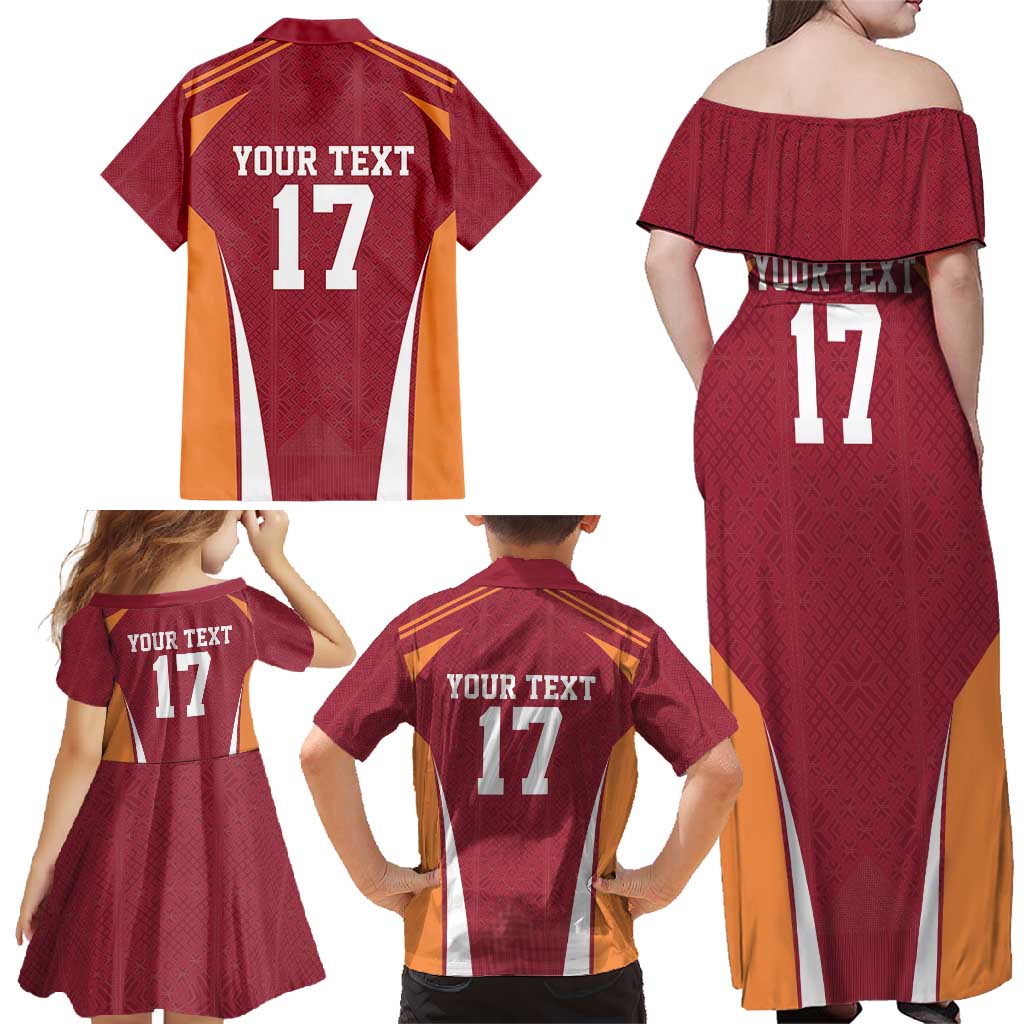 Latvia Football Custom Family Matching Off Shoulder Maxi Dress and Hawaiian Shirt Red Latvian Pattern