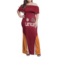 Latvia Football Custom Family Matching Off Shoulder Maxi Dress and Hawaiian Shirt Red Latvian Pattern
