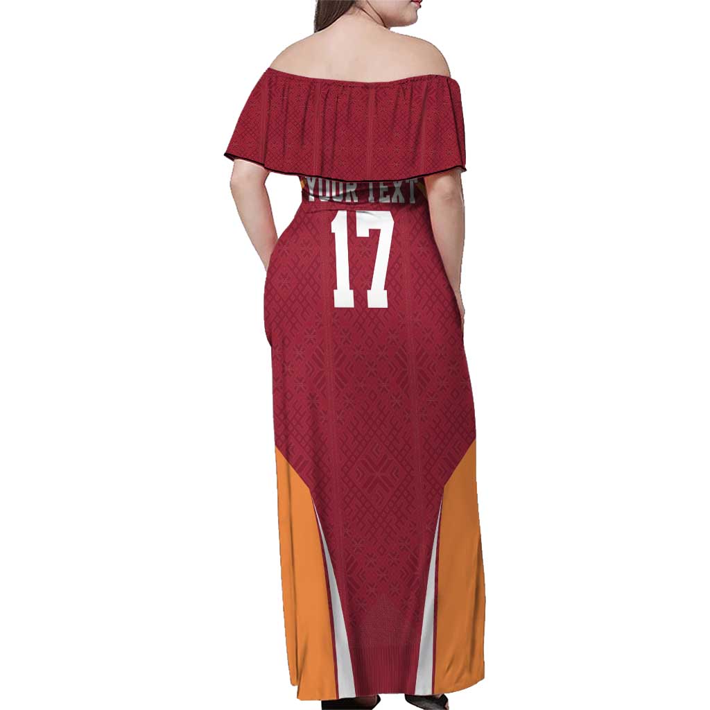 Latvia Football Custom Family Matching Off Shoulder Maxi Dress and Hawaiian Shirt Red Latvian Pattern