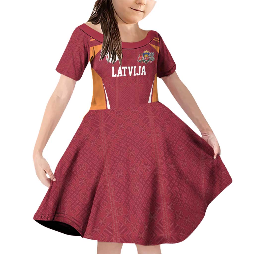 Latvia Football Custom Family Matching Off Shoulder Short Dress and Hawaiian Shirt Red Latvian Pattern