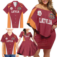 Latvia Football Custom Family Matching Off Shoulder Short Dress and Hawaiian Shirt Red Latvian Pattern