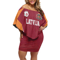Latvia Football Custom Family Matching Off Shoulder Short Dress and Hawaiian Shirt Red Latvian Pattern
