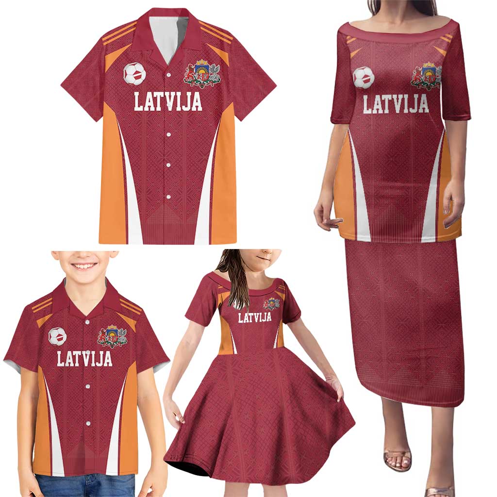 Latvia Football Custom Family Matching Puletasi and Hawaiian Shirt Red Latvian Pattern