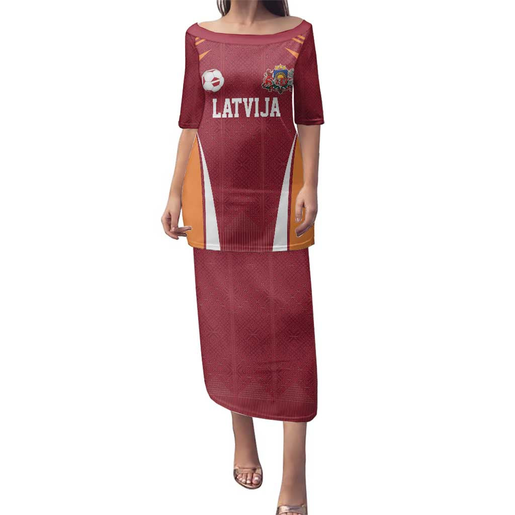 Latvia Football Custom Family Matching Puletasi and Hawaiian Shirt Red Latvian Pattern