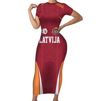 Latvia Football Custom Family Matching Short Sleeve Bodycon Dress and Hawaiian Shirt Red Latvian Pattern