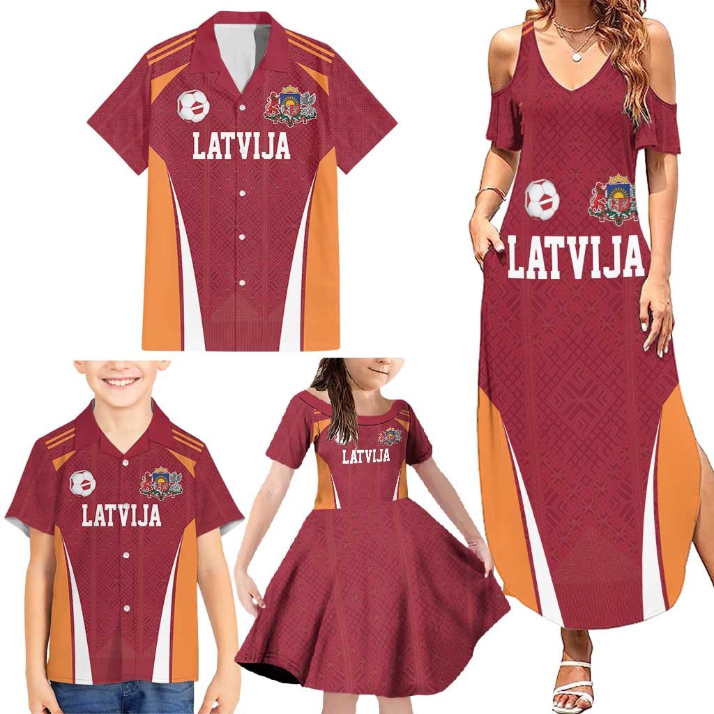 Latvia Football Custom Family Matching Summer Maxi Dress and Hawaiian Shirt Red Latvian Pattern