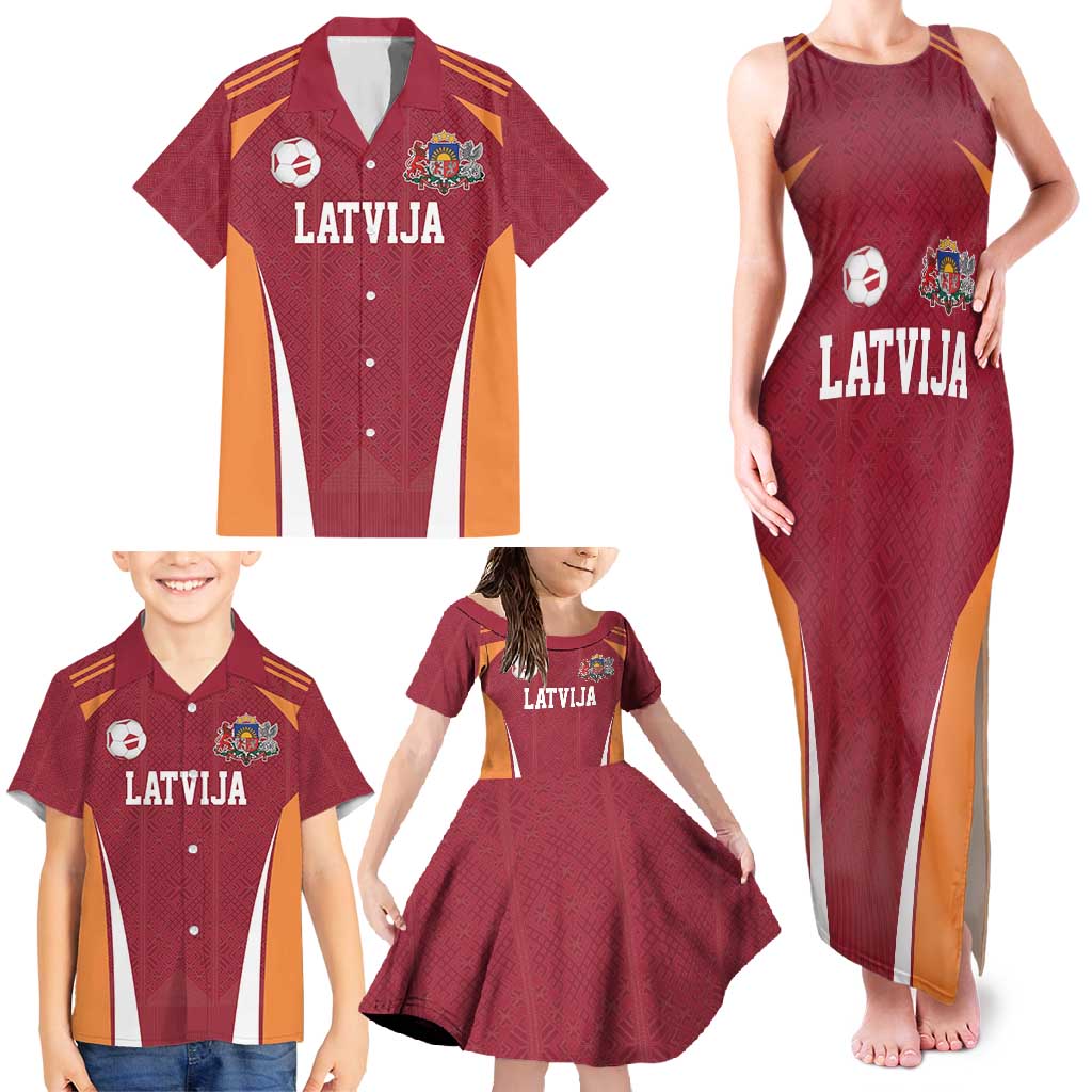 Latvia Football Custom Family Matching Tank Maxi Dress and Hawaiian Shirt Red Latvian Pattern