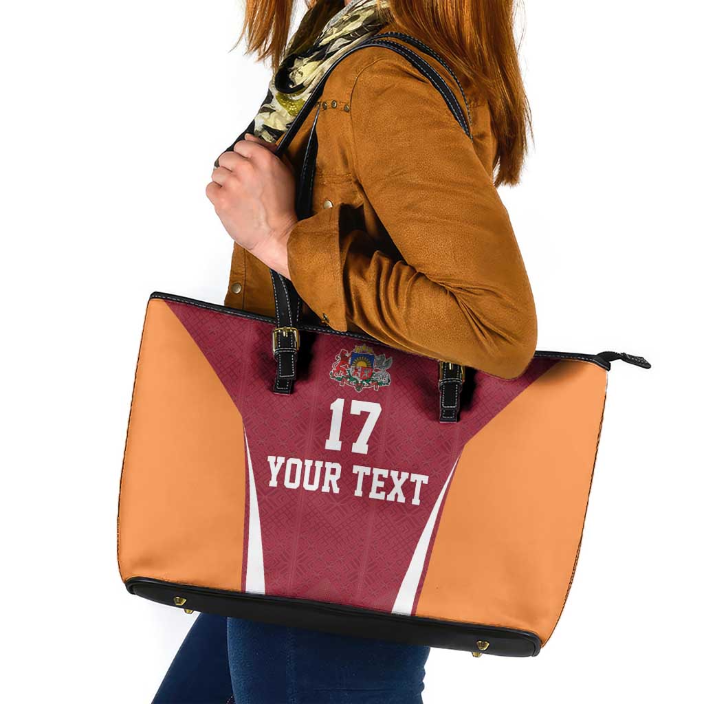 Latvia Football Custom Leather Tote Bag Red Latvian Pattern