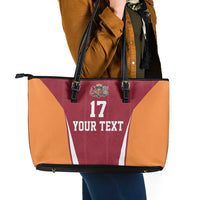 Latvia Football Custom Leather Tote Bag Red Latvian Pattern