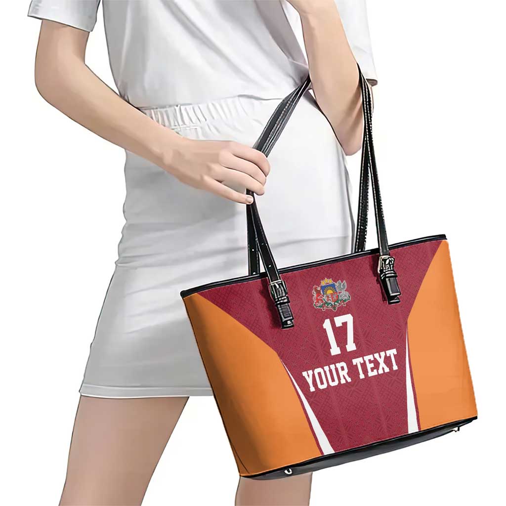 Latvia Football Custom Leather Tote Bag Red Latvian Pattern