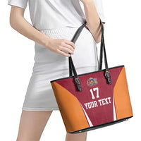 Latvia Football Custom Leather Tote Bag Red Latvian Pattern