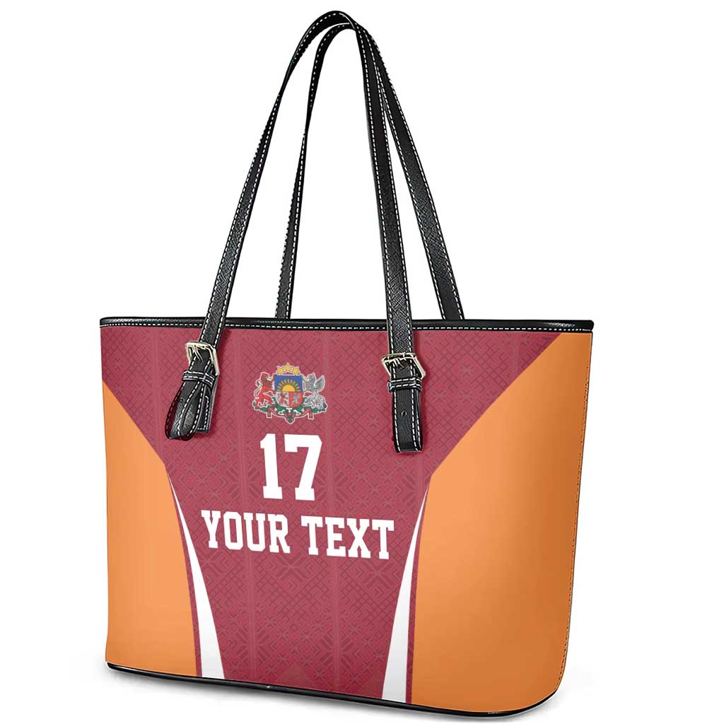 Latvia Football Custom Leather Tote Bag Red Latvian Pattern