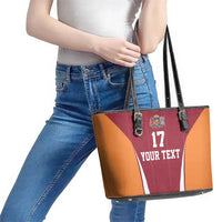 Latvia Football Custom Leather Tote Bag Red Latvian Pattern