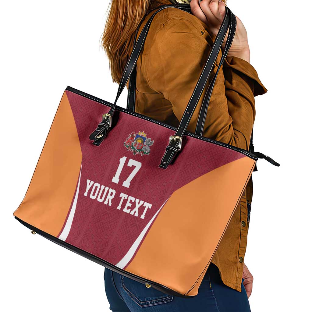 Latvia Football Custom Leather Tote Bag Red Latvian Pattern