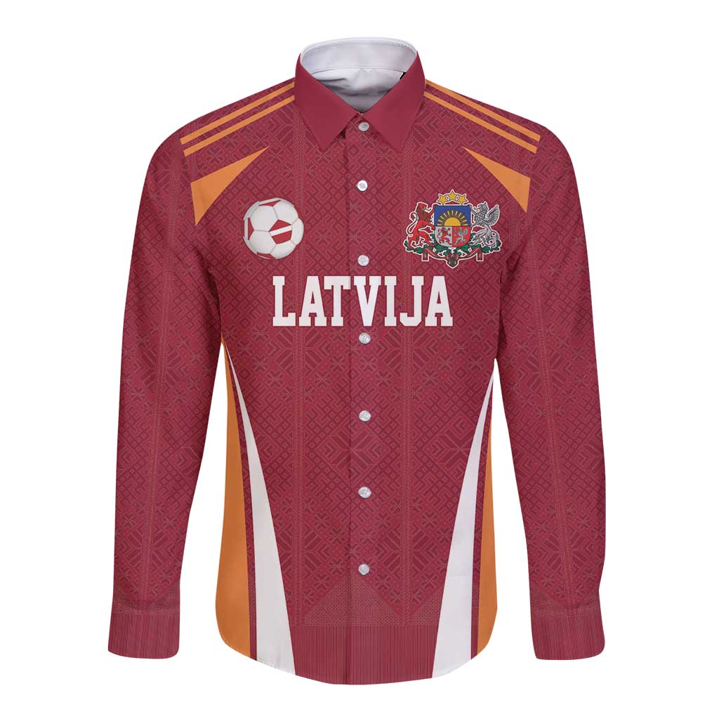 Latvia Football Custom Long Sleeve Button Shirt Red Latvian Pattern