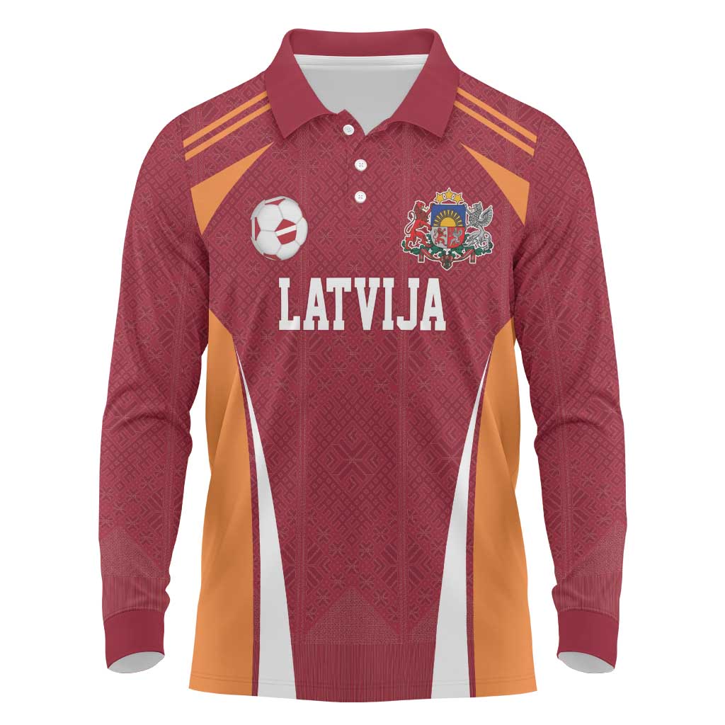 Latvia Football Custom Long Sleeve Polo Shirt Red Latvian Pattern