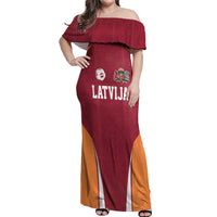 Latvia Football Custom Off Shoulder Maxi Dress Red Latvian Pattern