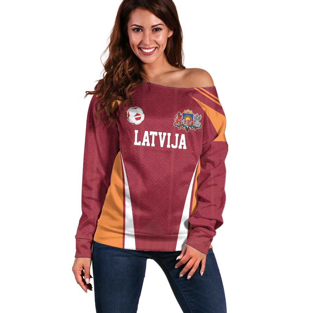 Latvia Football Custom Off Shoulder Sweater Red Latvian Pattern
