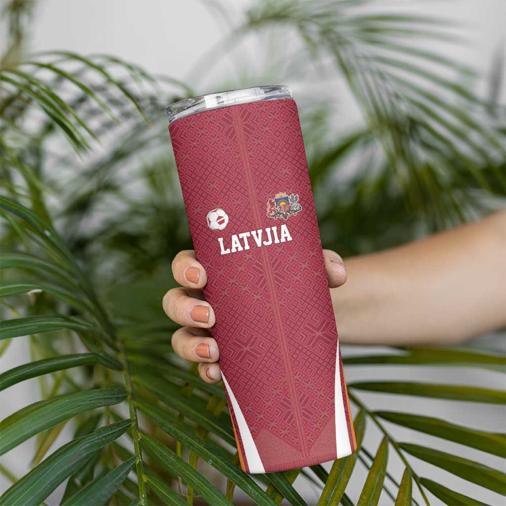 Latvia Football Custom Skinny Tumbler Red Latvian Pattern