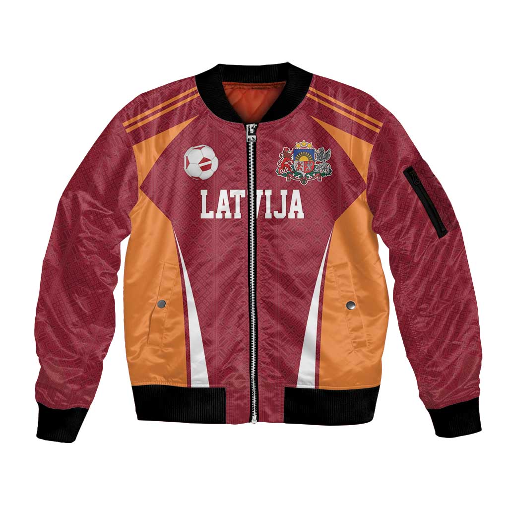 Latvia Football Custom Sleeve Zip Bomber Jacket Red Latvian Pattern