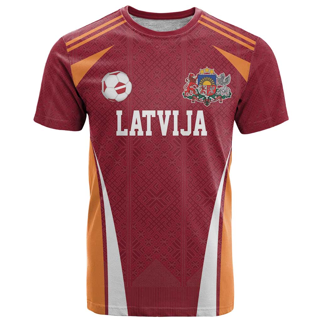 Latvia Football Custom T Shirt Red Latvian Pattern
