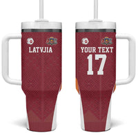 Latvia Football Custom Tumbler With Handle Red Latvian Pattern