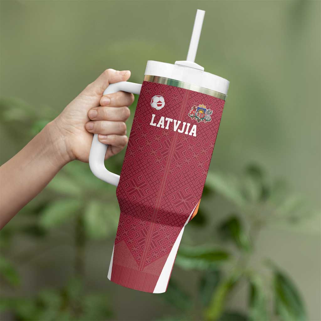Latvia Football Custom Tumbler With Handle Red Latvian Pattern