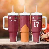 Latvia Football Custom Tumbler With Handle Red Latvian Pattern