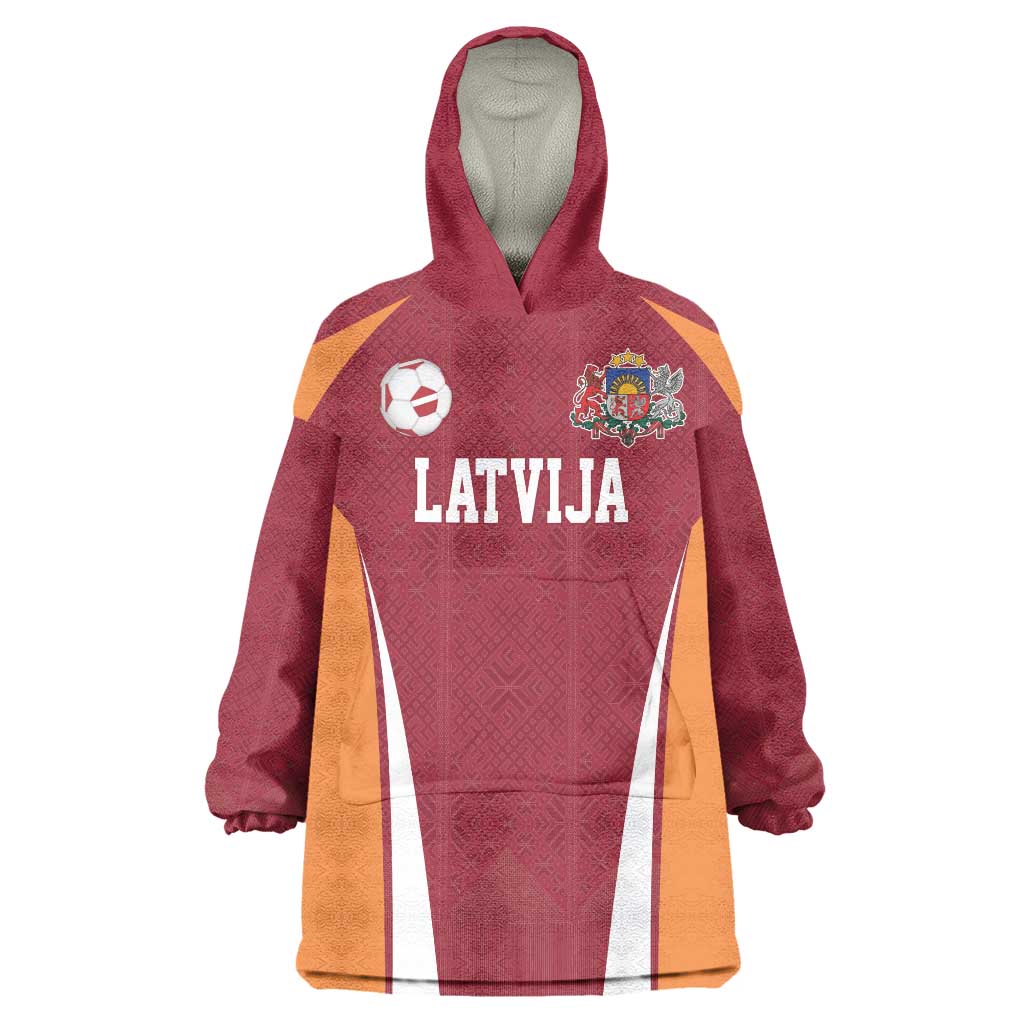 Latvia Football Custom Wearable Blanket Hoodie Red Latvian Pattern