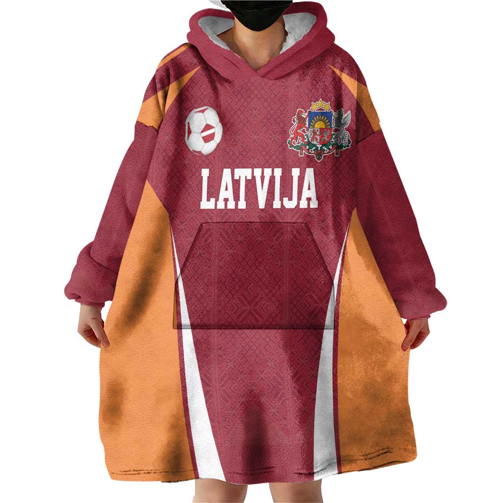Latvia Football Custom Wearable Blanket Hoodie Red Latvian Pattern