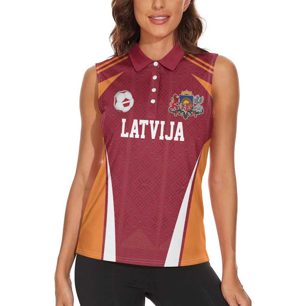 Latvia Football Custom Women Sleeveless Polo Shirt Red Latvian Pattern