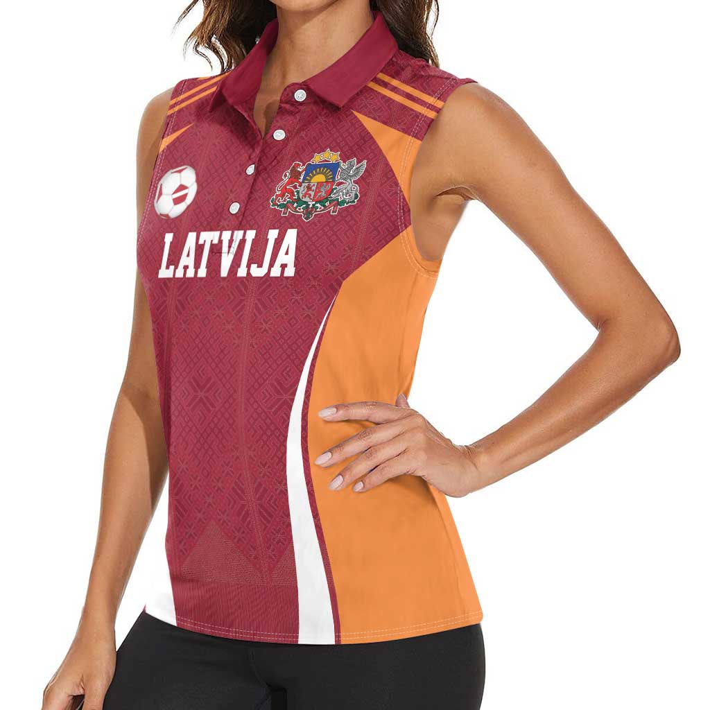 Latvia Football Custom Women Sleeveless Polo Shirt Red Latvian Pattern