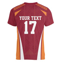 Latvia Football Custom Women V-Neck T-Shirt Red Latvian Pattern