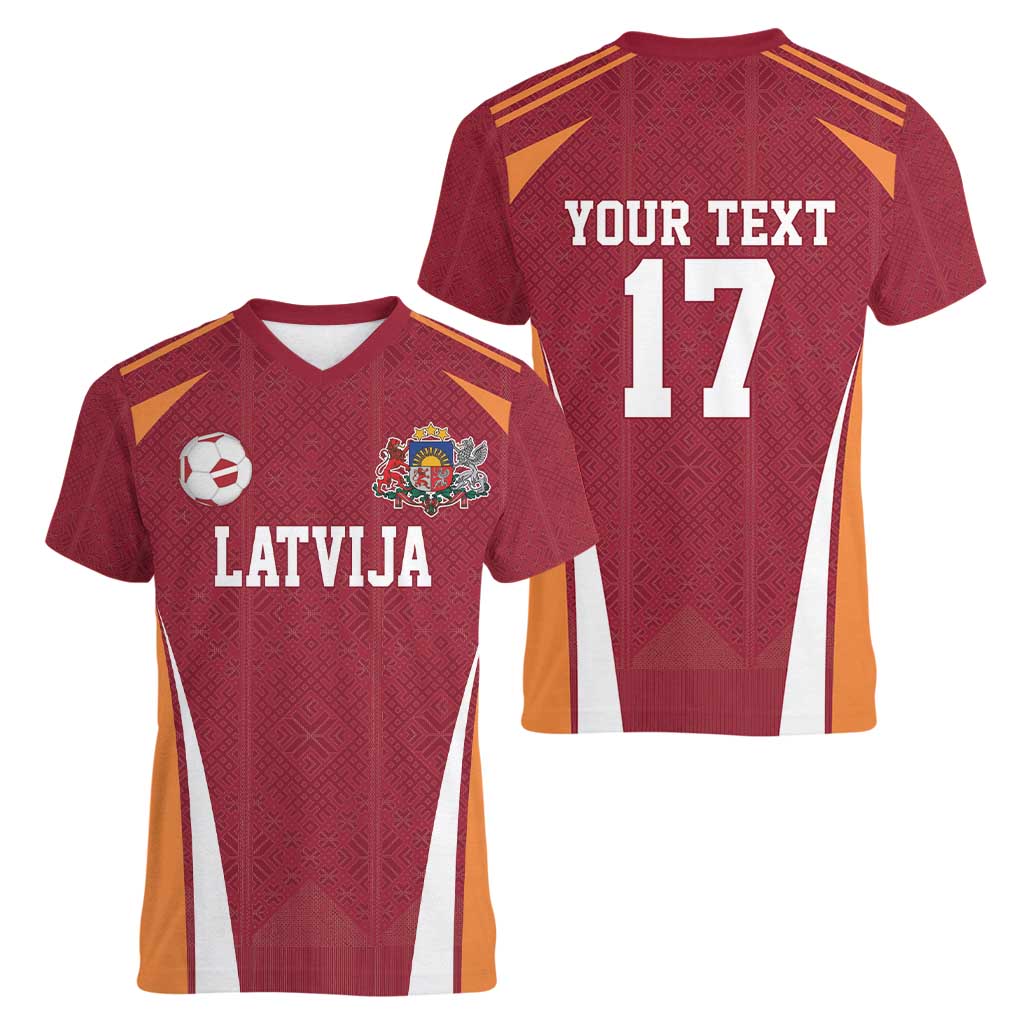 Latvia Football Custom Women V-Neck T-Shirt Red Latvian Pattern