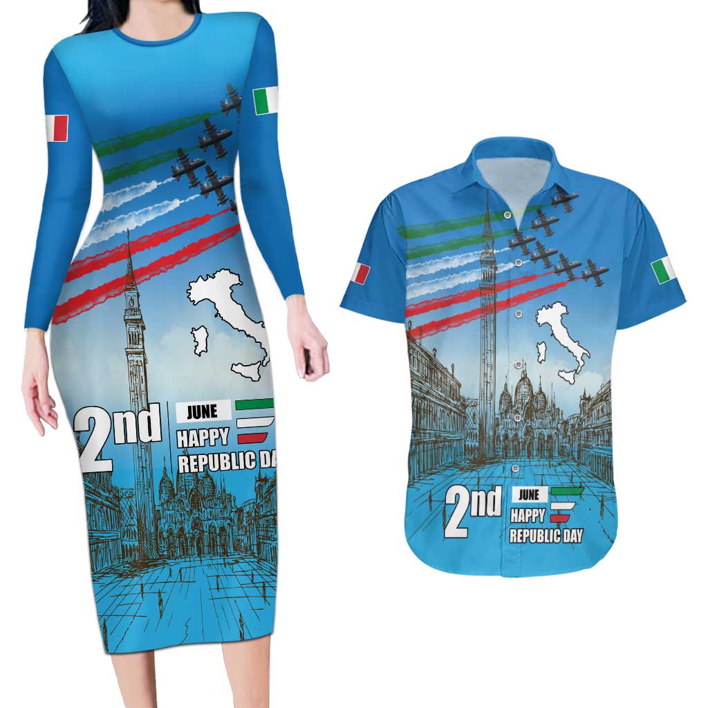 Italy Republic Day Couples Matching Long Sleeve Bodycon Dress and Hawaiian Shirt Festa della Repubblica with Frecce Tricolori