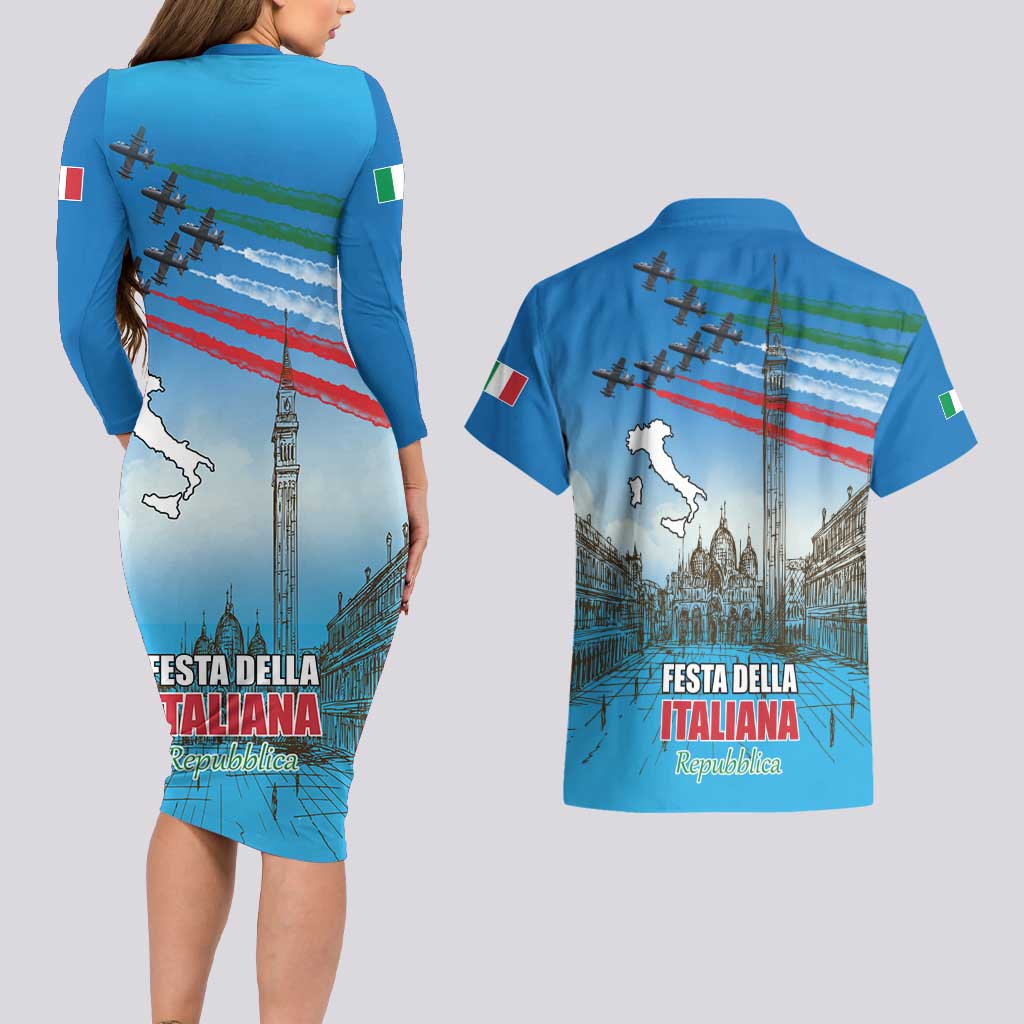 Italy Republic Day Couples Matching Long Sleeve Bodycon Dress and Hawaiian Shirt Festa della Repubblica with Frecce Tricolori