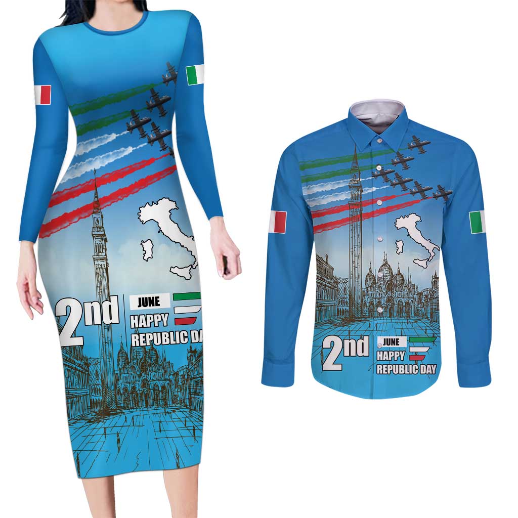 Italy Republic Day Couples Matching Long Sleeve Bodycon Dress and Long Sleeve Button Shirt Festa della Repubblica with Frecce Tricolori